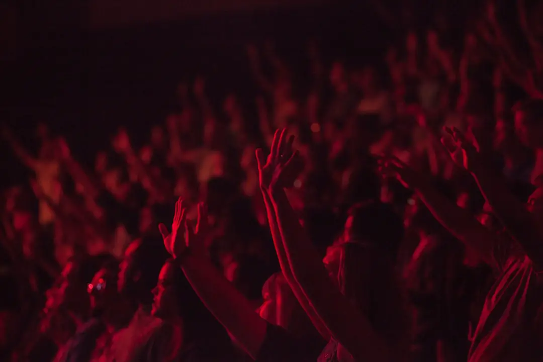 crowd lifting their hands watching concert